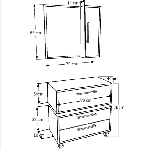 Gabinete Suspenso 80cm Alice Mel Grafite Balcão e Espelheira2 Gavetas Para Banheiro Sem Cuba