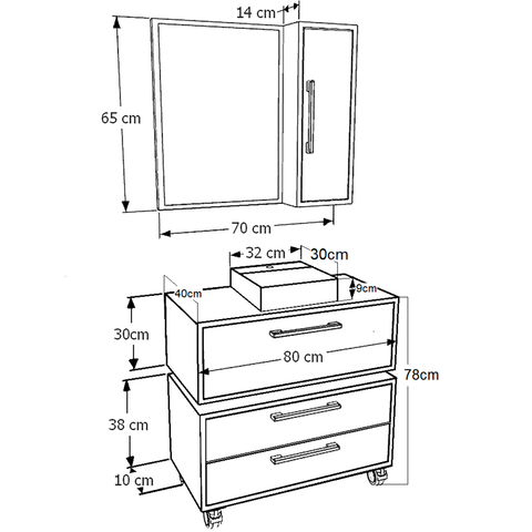 Gabinete 80cm Alice Mel Arenas Balcão Espelheira Cuba Branca Armário Suspenso 2 Gavetas Para Banheiro