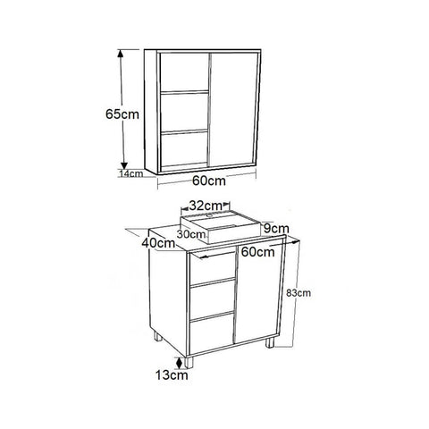 Gabinete 60cm Julia Mel Arenas com Cuba Branca Espelheira Balcão 1 Porta de Correr Armário De Banheiro