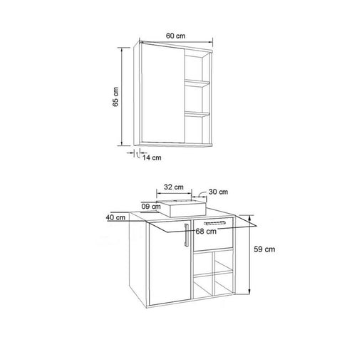 Gabinete Suspenso 68cm Eduarda Mel Arenas Cuba Branca Balcão 1 Porta 1 Gaveta E Espelheira De Banheiro