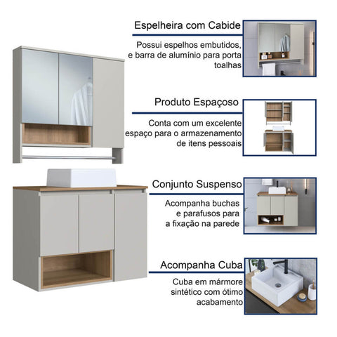 Gabinete Suspenso Olívia Mel Arenas Cuba Espelheira Nicho Toalheiro e 3 Portas 80cm