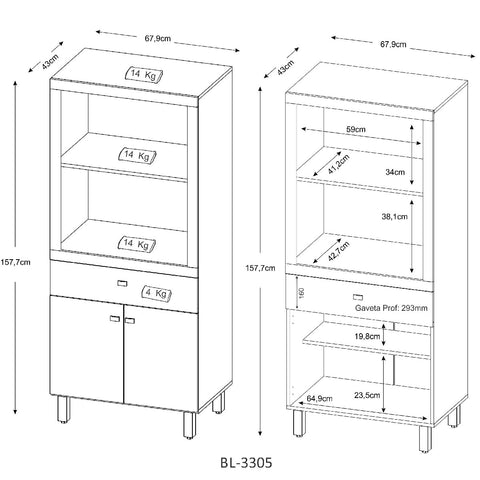 Armário Balcão para Forno e Micro-ondas com 2 Portas e 1 Gaveta BL3305 Branco Tecnomobili