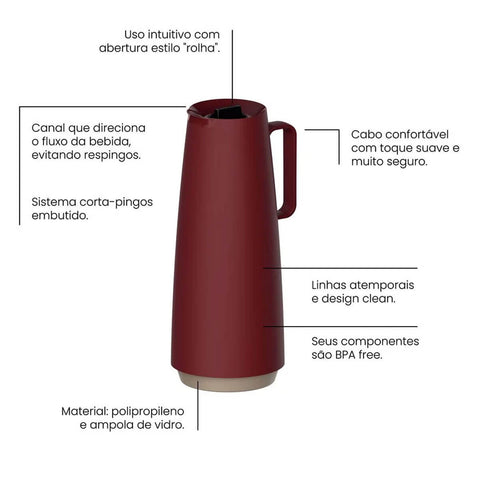Bule Térmico Tramontina 1L Garrafa Térmica Vermelha Café Chá Água Exata Ampola de Vidro