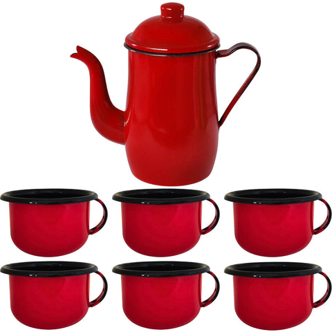 Conjunto Bule Aço Esmaltado 1,25L e 6 Canecas 200ml com Alça Vermelhas Esmaltados Silva