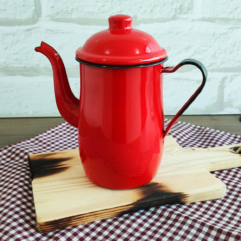 Conjunto Bule Aço Esmaltado 1,25L e 6 Canecas 200ml com Alça Vermelhas Esmaltados Silva