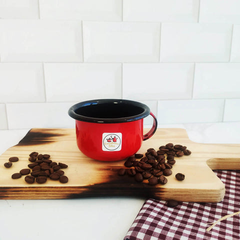 Conjunto Bule Aço Esmaltado 1,25L e 6 Canecas 200ml com Alça Vermelhas Esmaltados Silva