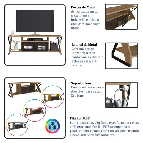 Rack Industrial para Tv até 60" com Led RGB  P1033 Mel