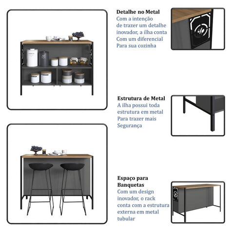 Mesa Bancada Gourmet Industrial 127cm P1034 Mel/Grafite