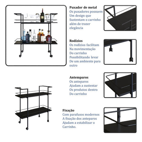 Carrinho Bar Industrial com 2 Prateleiras P1036 Preto