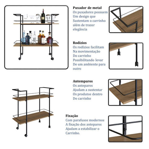 Carrinho Bar Industrial com 2 Prateleiras P1036 Preto/Mel