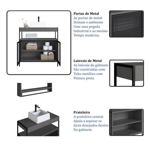Gabinete de Banheiro 80cm  com 2 Portas P1038 Preto/Grafite sem Cuba