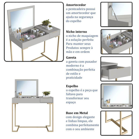 Escrivaninha Penteadeira com 1 Gaveta e Espelho P1040 Champagne/Arenas