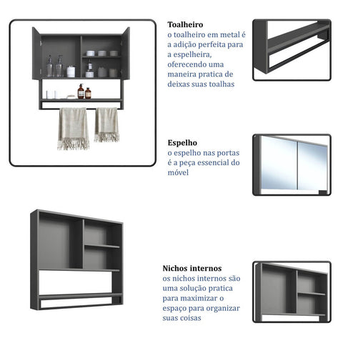 Armário Espelheira para Banheiro 80cm P1041 Grafite