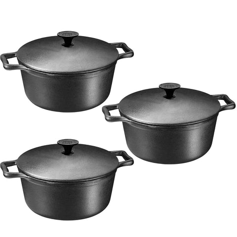 Conjunto 3 Caçarolas de Ferro Fundido Médias 27cm Tampas Alças Laterais 5L Panelas Mineiras Pretas