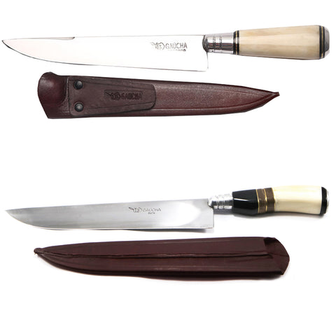 2 Facas Artesanais Faca Gaúcha Cabo de Osso Aço Inox 10" E Faca para Churrasco 11" Aço Carbono