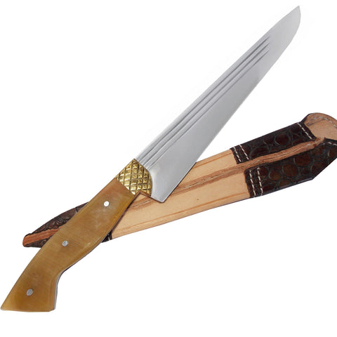 Facão Faca Churrasco 10'' Aço Carbono 1070 Full Tang Listrado Cabo Chifre Claro