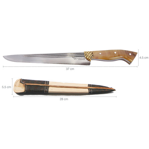 Facão Faca Churrasco 10'' Aço Carbono 1070 Full Tang Listrado Cabo Chifre Claro