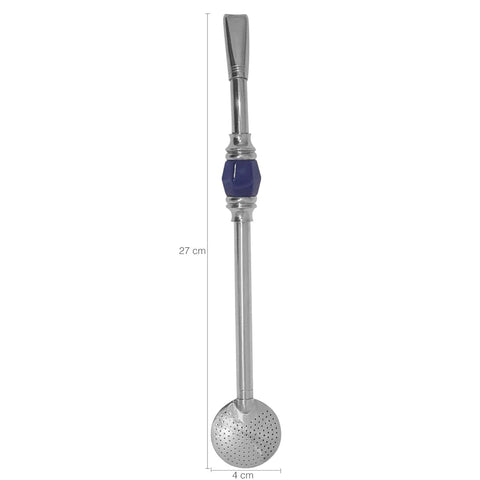 Bomba 27cm Inox Chimarrão Decorada Pedra Ágata Bojo Normal Azul