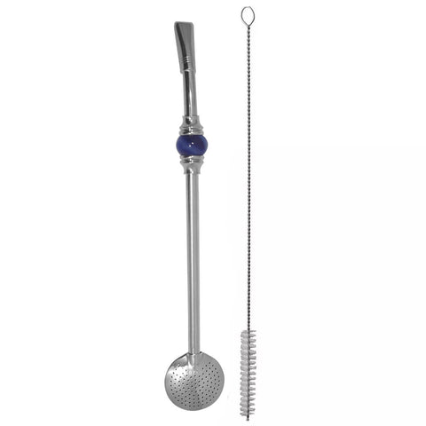 Bomba Chimarrão Inox Bojo Removível Pedra Ágata Redonda 25cm Azul