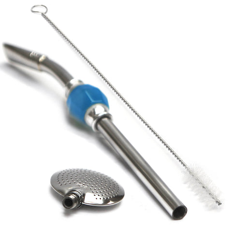 Bomba Para Chimarrão E Tererê Cuia Aço Inox 304 Com Pedraria Azul Turquesa