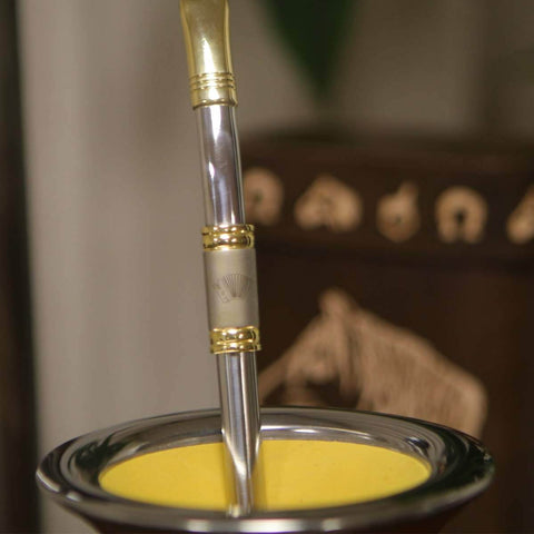 Bomba De Chimarrão Aço Inox Banho Ouro 18k Desenho Gaita