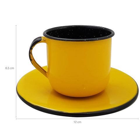 Kit Bule De Café E Chá Com 6 Xícaras e Pires Aço Esmaltado Amarelo