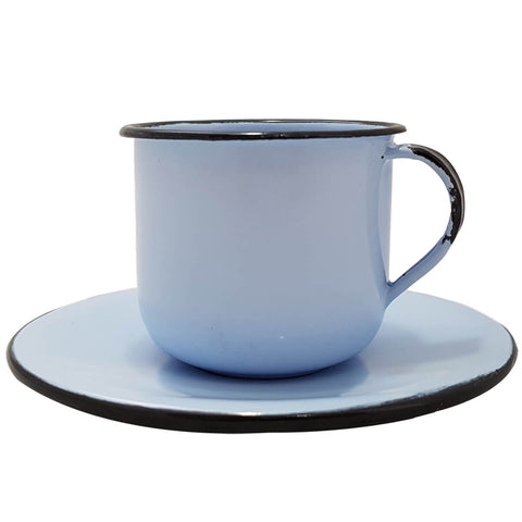 Caneca Esmaltada Xícara Com Pires Para Chá Café 180ml Azul Claro