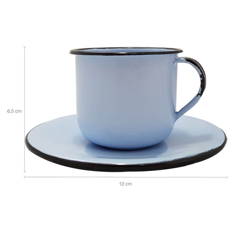 Caneca Esmaltada Xícara Com Pires Para Chá Café 180ml Azul Claro