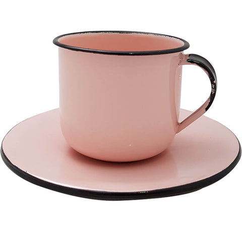 Caneca Esmaltada Xícara Com Pires Para Chá Café 180ml Rosa