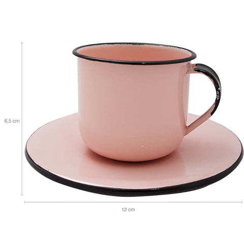 Caneca Esmaltada Xícara Com Pires Para Chá Café 180ml Rosa