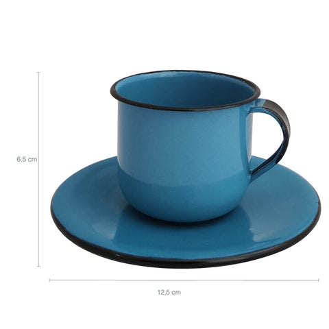 Caneca Esmaltada Xícara Com Pires Para Chá Café 180ml Azul