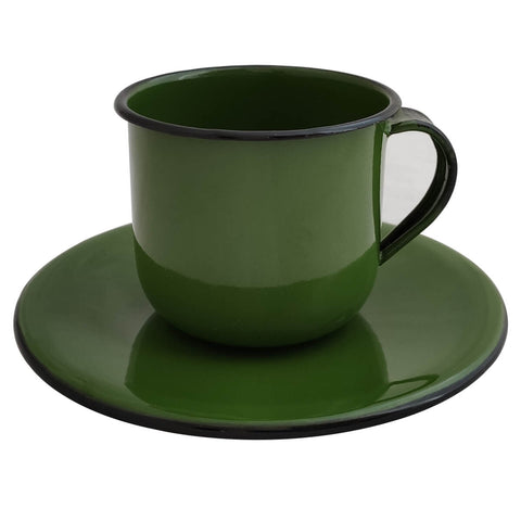 Caneca Esmaltada Xícara Com Pires Para Chá Café 180ml Verde