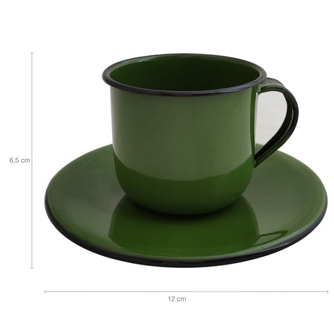 Caneca Esmaltada Xícara Com Pires Para Chá Café 180ml Verde