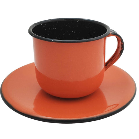 Caneca Esmaltada Xícara Com Pires Para Chá Café 180ml Laranja