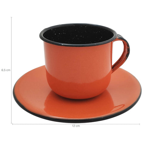 Caneca Esmaltada Xícara Com Pires Para Chá Café 180ml Laranja