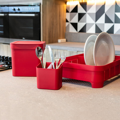 Kit Pia Cozinha Escorredor De Louça E Talheres Lixeira 2,5l Vermelho
