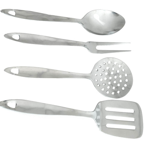 Conjunto Utensílios Cozinha Inox Espátula Garfo Trinchante Colher Para Arroz Escumadeira