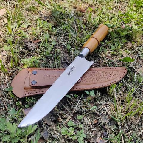 Faca para Churrasco Coqueiro Deitado Aço Inox 420 com Bainha de Couro