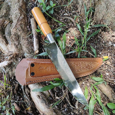 Faca para Churrasco Coqueiro Deitado Aço Inox 420 com Bainha de Couro