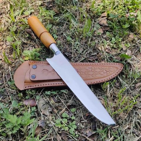 Faca para Churrasco Coqueiro Deitado Aço Inox 420 com Bainha de Couro