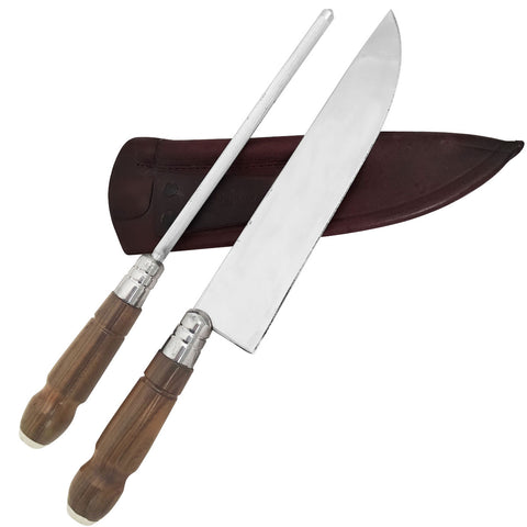 Conjunto Churrasco Faca Artesanal 8' Chaira Estriada Cutelaria Facas Gaúcha Cabo Madeira