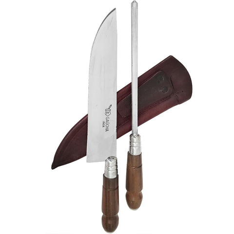 Conjunto Churrasco Faca Artesanal 8' Chaira Estriada Cutelaria Facas Gaúcha Cabo Madeira