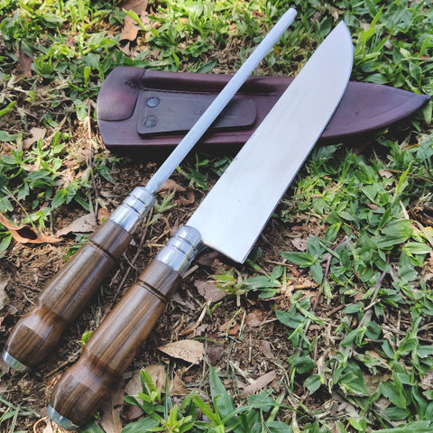 Conjunto Churrasco Faca Artesanal 8' Chaira Estriada Cutelaria Facas Gaúcha Cabo Madeira