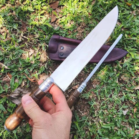 Conjunto Churrasco Faca Artesanal 8' Chaira Estriada Cutelaria Facas Gaúcha Cabo Madeira