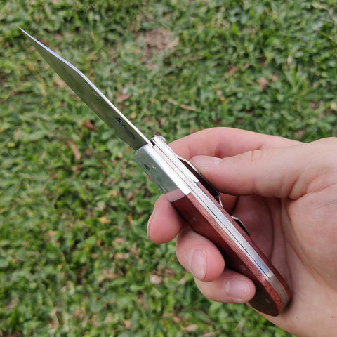 Canivete de Bolso Presilha Roça Aço Inox 420 Clip Cabo Madeira com Ponta Artesanal