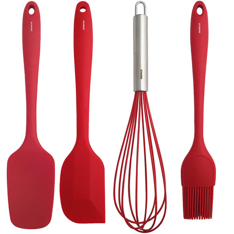 Conjunto Talheres de Silicone Utensílios Cozinha Colher Espátula Batedor Pincel Vermelho