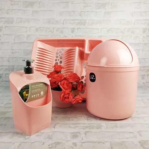 Kit Cozinha Escorredor Louça Porta Detergente Lixeira Pia 4L UZ Rosa Quartzo