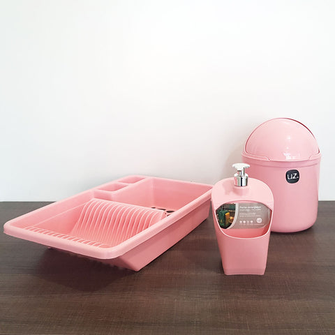 Kit Cozinha Escorredor Louça Porta Detergente Lixeira Pia 4L UZ Rosa Quartzo