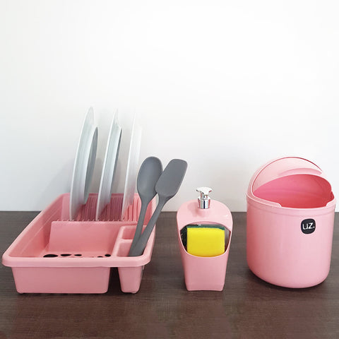 Kit Cozinha Escorredor Louça Porta Detergente Lixeira Pia 4L UZ Rosa Quartzo