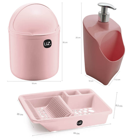 Kit Cozinha Escorredor Louça Porta Detergente Lixeira Pia 4L UZ Rosa Quartzo